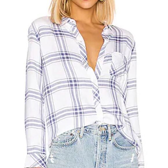 Rails Hunter Plaid Shirt White Blue Patriot Print Rayon Button Down Small - Picture 1 of 10